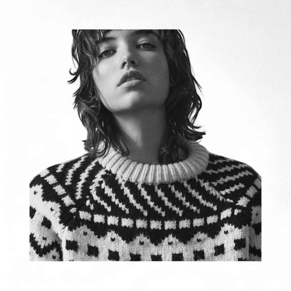 Zara Knit Black and Cream Jacquard Chunky Sweater Cropped - Picture 5 of 9